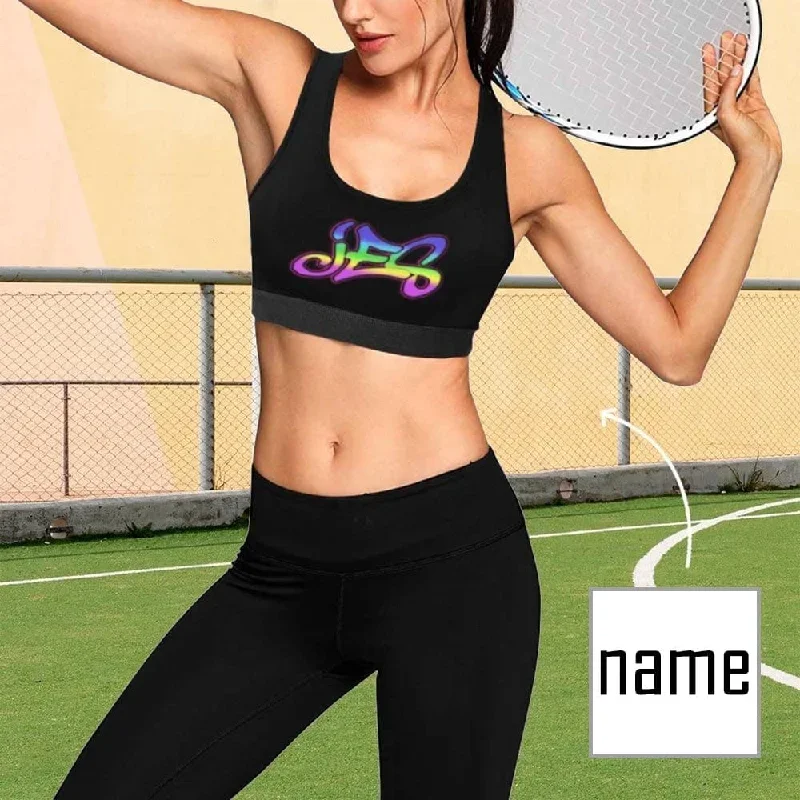 Custom Name Black Background Sports Bra Personalized Women's All Over Print Yoga Sports Bra