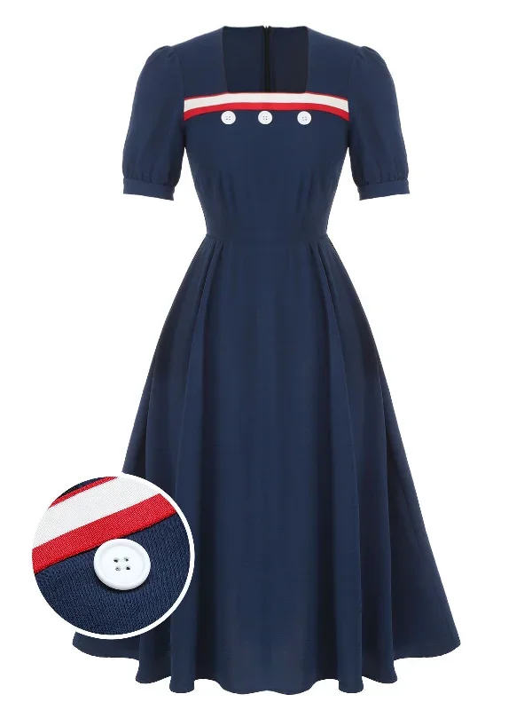 Dark Blue 1930s Square Neck Button Puff Dress