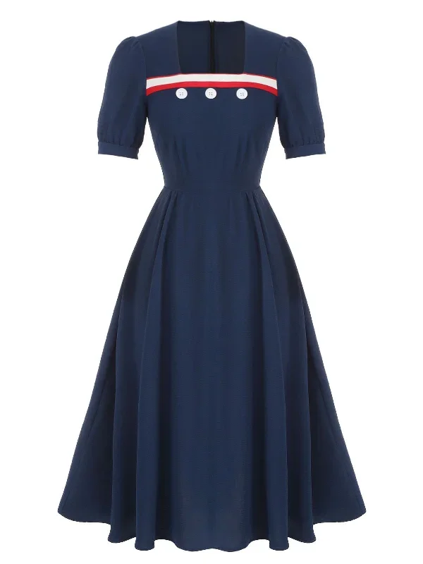 dark-blue-1930s-square-neck-button-puff-dress