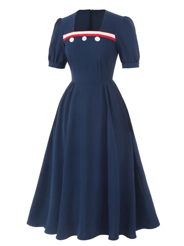 dark-blue-1930s-square-neck-button-puff-dress