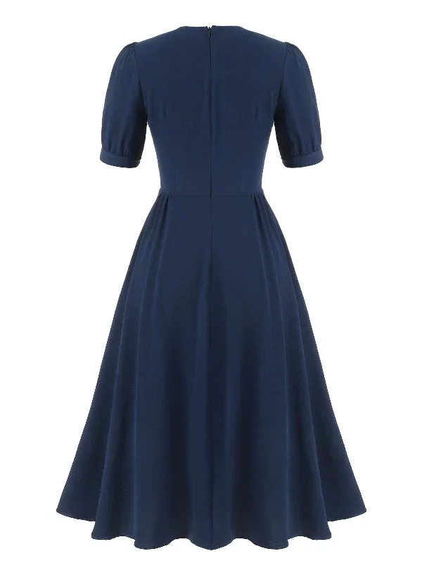 dark-blue-1930s-square-neck-button-puff-dress