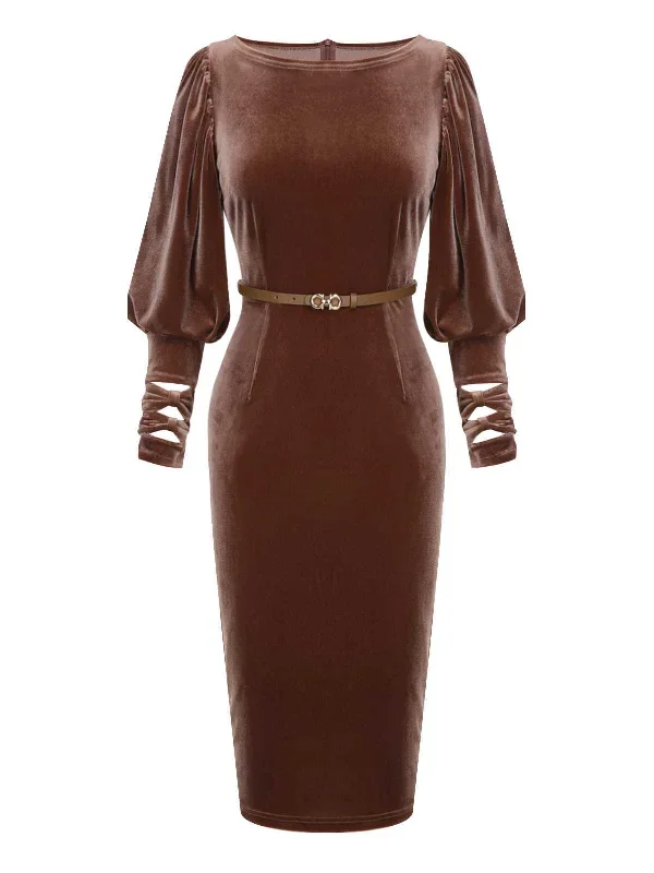 dark-brown-1960s-puff-sleeve-velvet-belted-dress