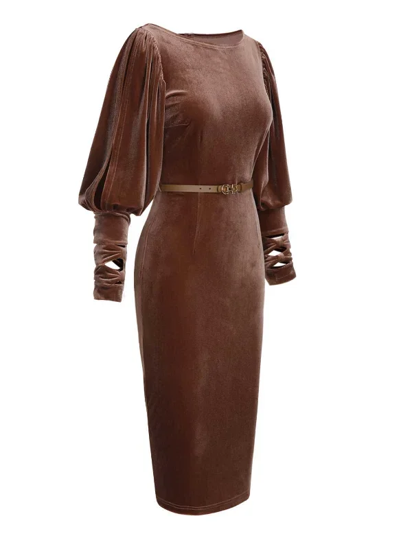 dark-brown-1960s-puff-sleeve-velvet-belted-dress