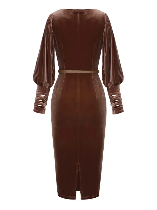 dark-brown-1960s-puff-sleeve-velvet-belted-dress