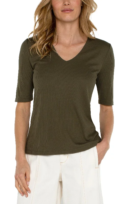 DOUBLE LAYER V-NECK RIB KNIT TOP