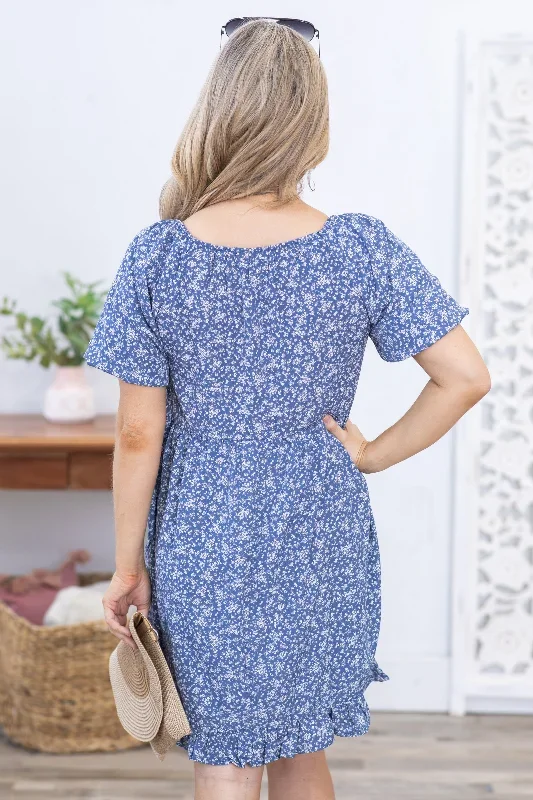 dusty-blue-floral-print-puff-sleeve-dress