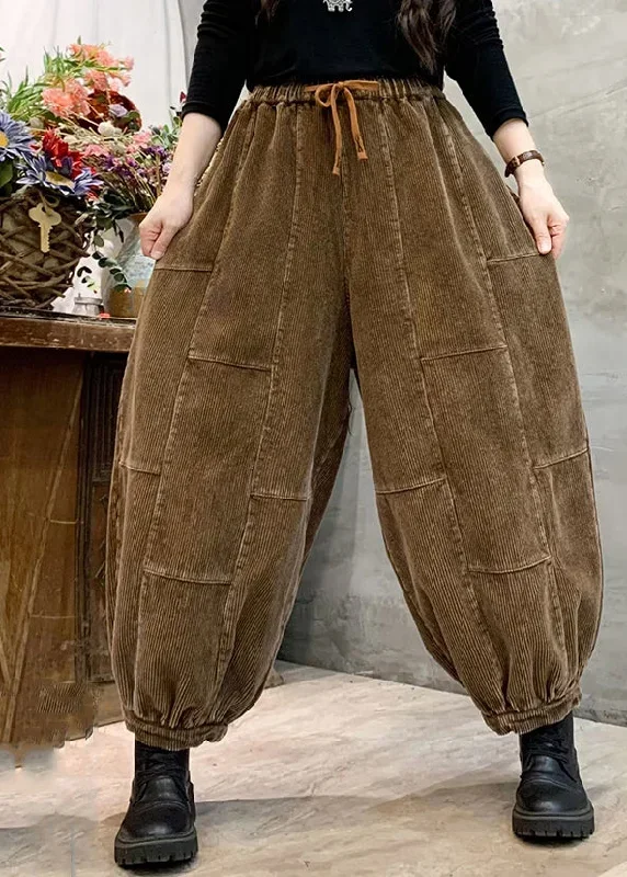 Earth Yellow Pockets Patchwork Corduroy Lantern Pants