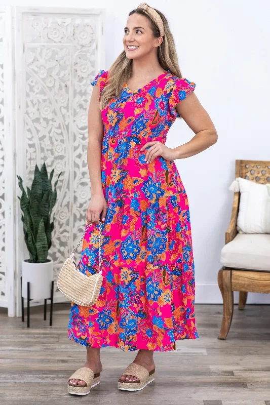 fuchsia-boho-floral-v-neck-tiered-dress