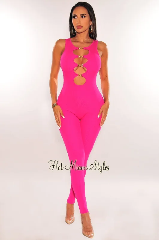 Fuchsia Cut Out Gold Hoop Plunge Sleeveless Jumpsuit