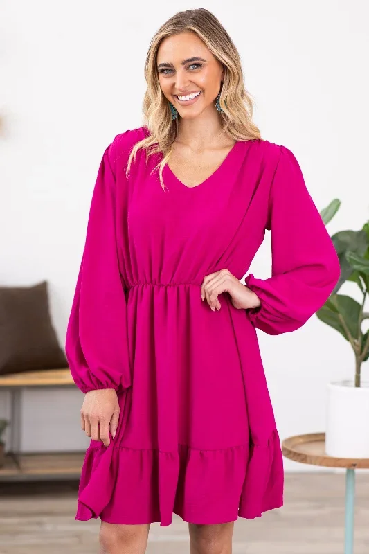 fuchsia-long-sleeve-elastic-waist-dress