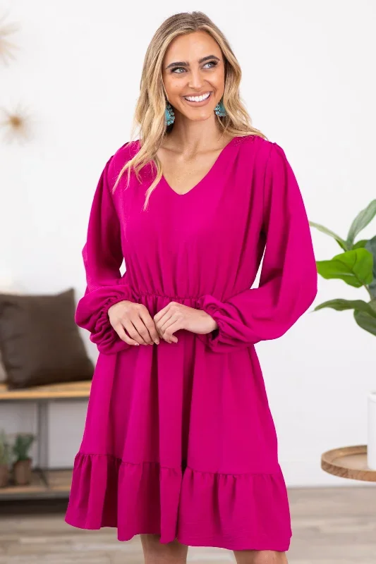 fuchsia-long-sleeve-elastic-waist-dress