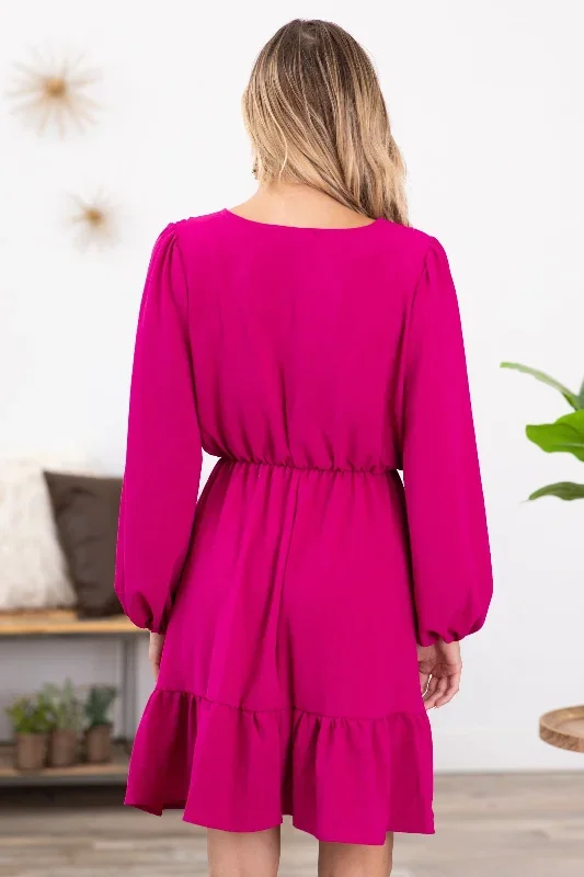 fuchsia-long-sleeve-elastic-waist-dress