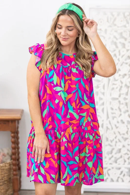 Fuchsia Multicolor Leaf Print Woven Dress