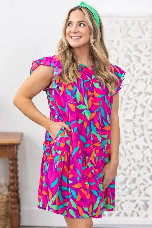 fuchsia-multicolor-leaf-print-woven-dress