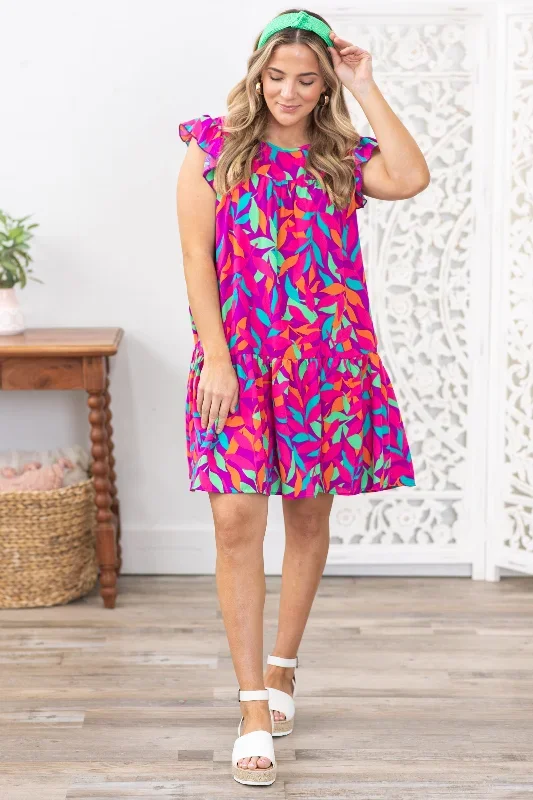 fuchsia-multicolor-leaf-print-woven-dress