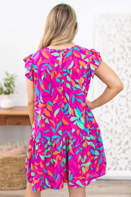 fuchsia-multicolor-leaf-print-woven-dress