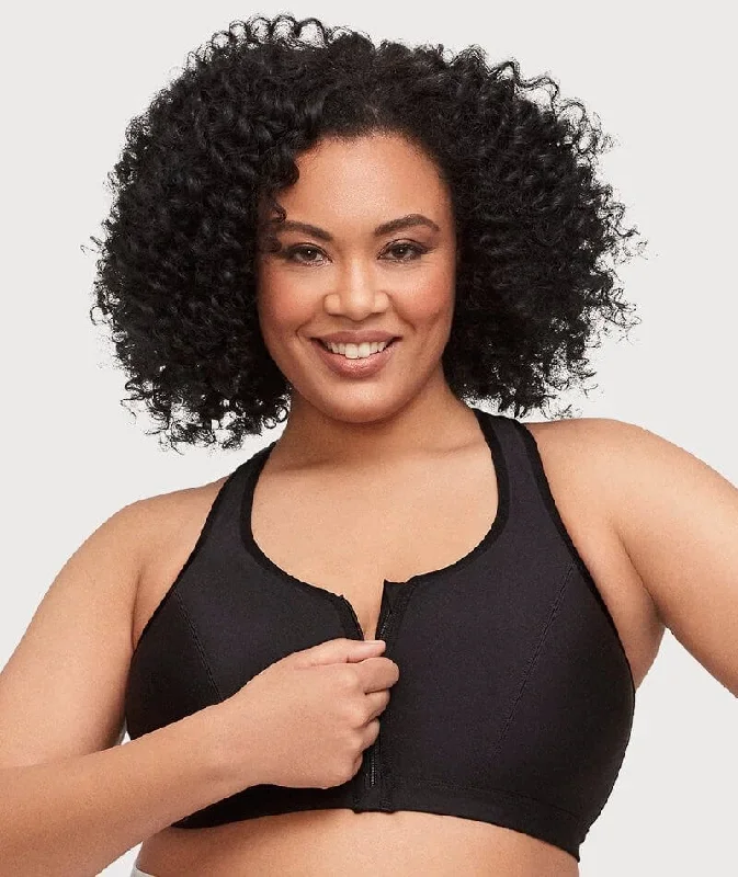 Glamorise Zip Up Front-Closure Wire-Free Sports Bra - Black