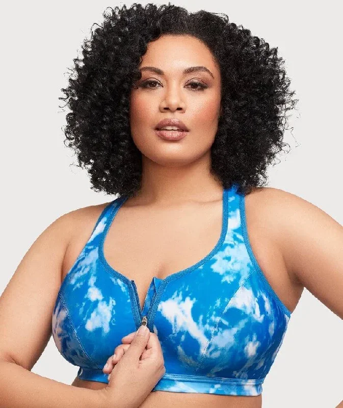 Glamorise Zip Up Front-Closure Wire-Free Sports Bra - Blue Tie-Dye