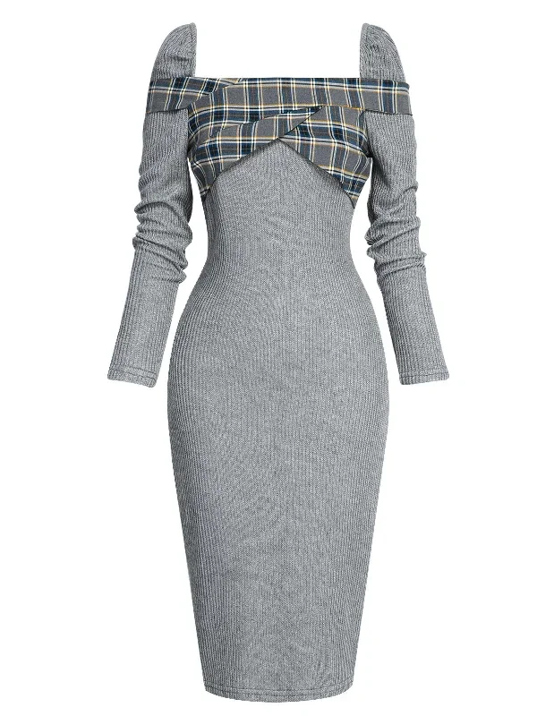 gray-1960s-plaid-patchwork-pencil-dress