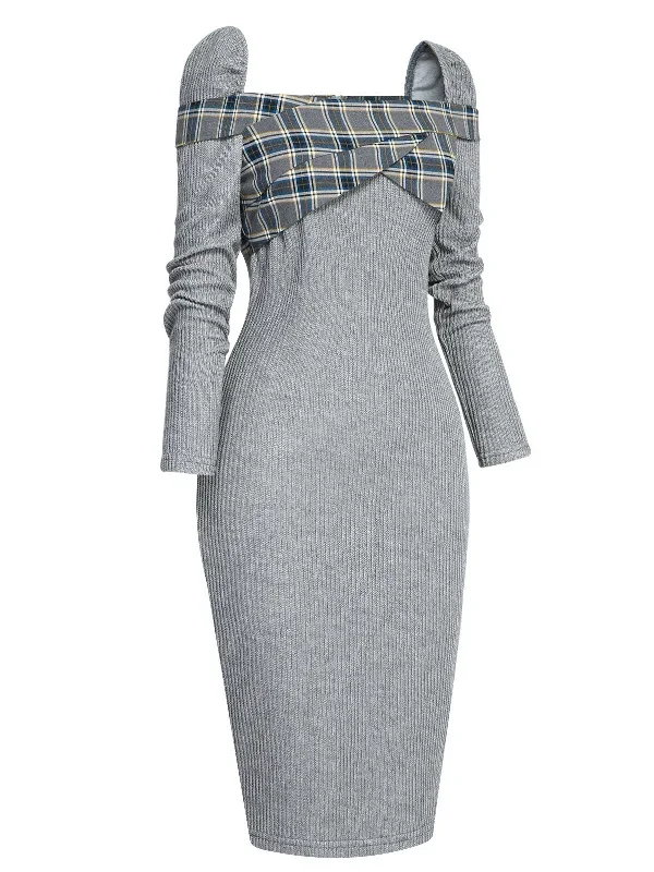 gray-1960s-plaid-patchwork-pencil-dress