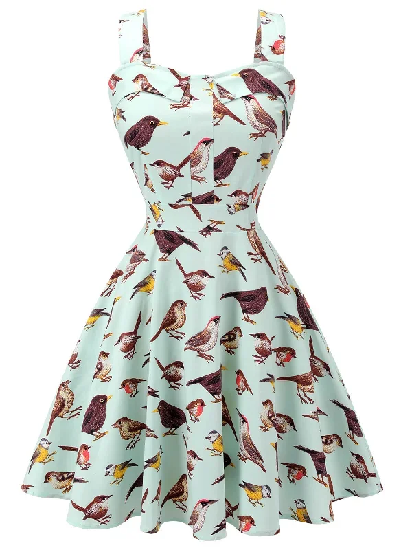 Green 1950s Bird Square Collar Sleeveless Dress