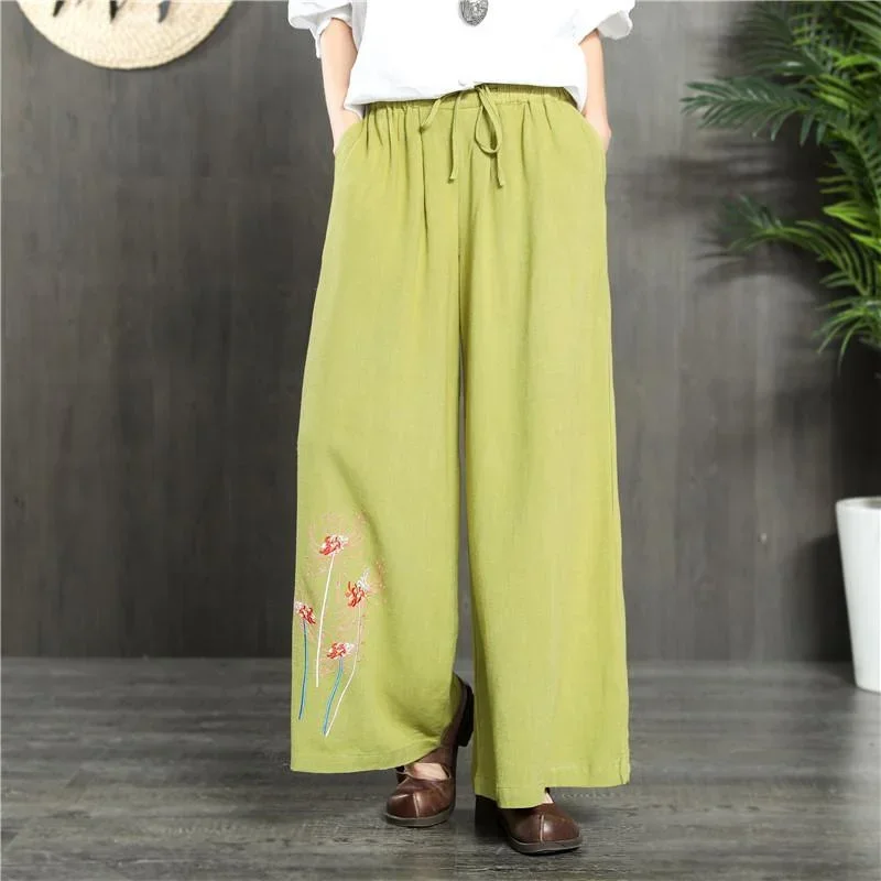 Green Embroidery Linen Pants Plus Size Women Wide Leg Pants