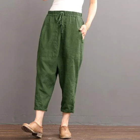 green-linen-pants-summer-crop-pants-elastic-waist