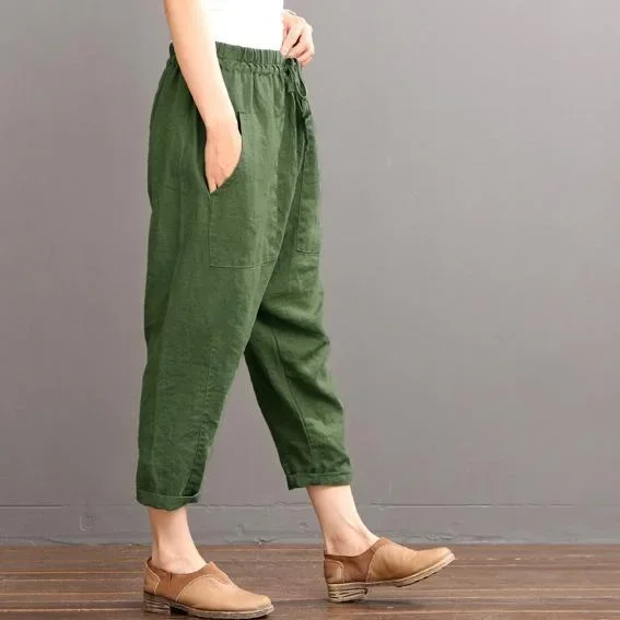 green-linen-pants-summer-crop-pants-elastic-waist