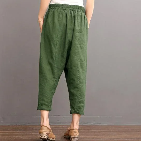 green-linen-pants-summer-crop-pants-elastic-waist