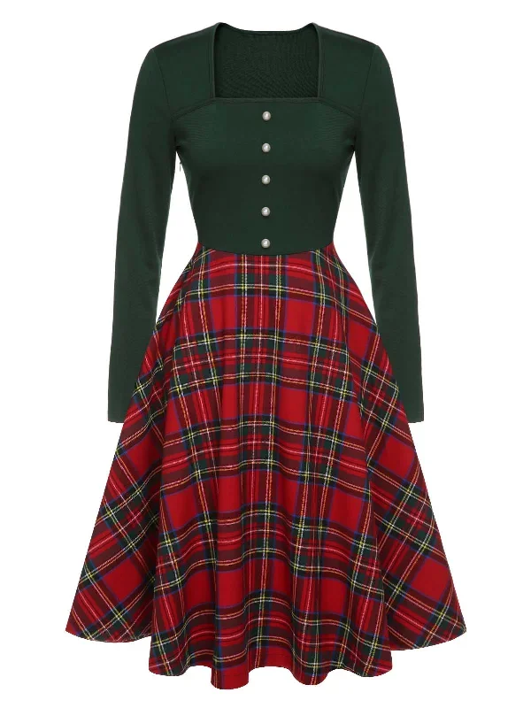 green-red-1950s-square-neck-plaids-long-sleeve-dress