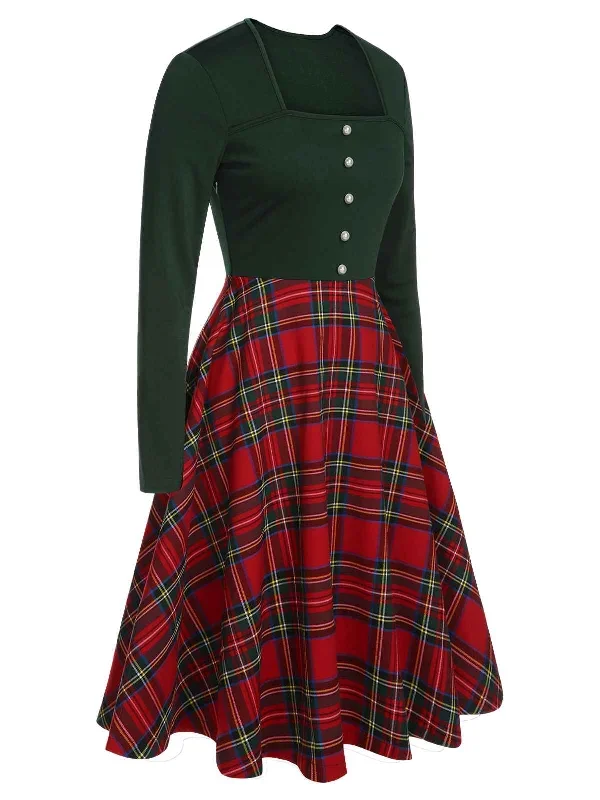 green-red-1950s-square-neck-plaids-long-sleeve-dress