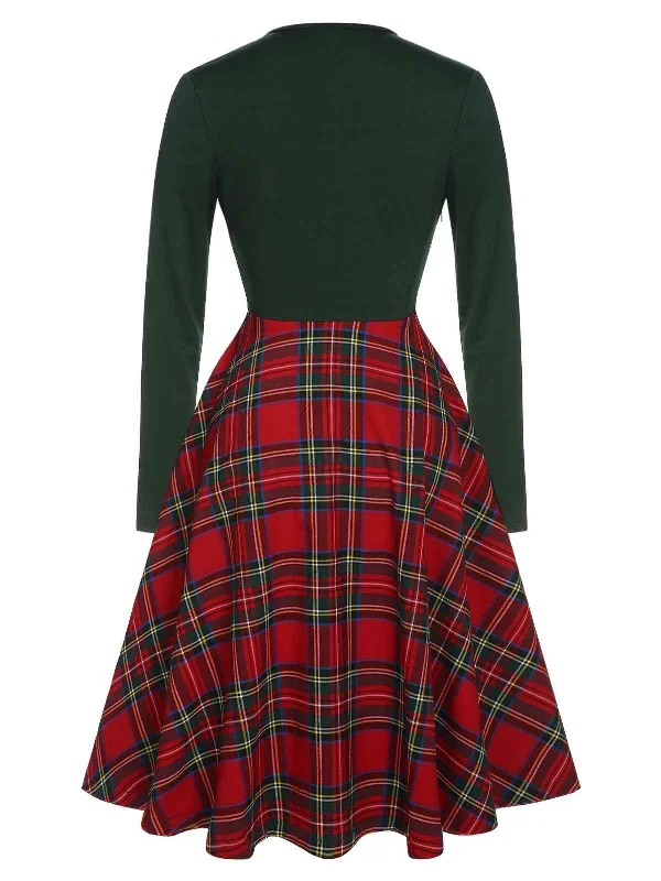 green-red-1950s-square-neck-plaids-long-sleeve-dress