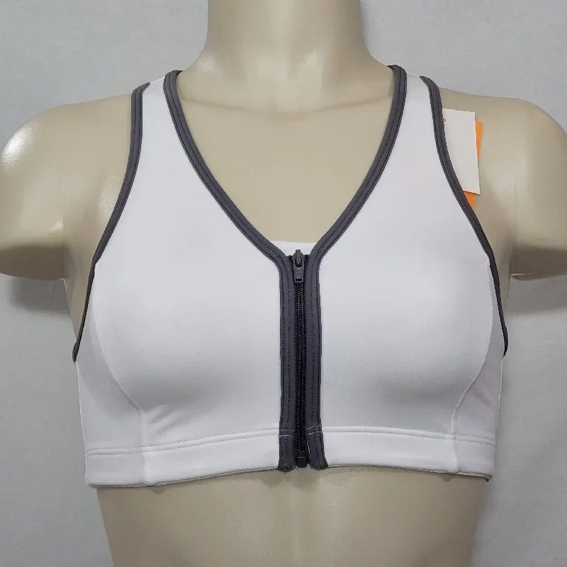 Hanes G469 HC32 Wire Free Zip Front Vented Back Sports Bra SMALL White with Gray Trim