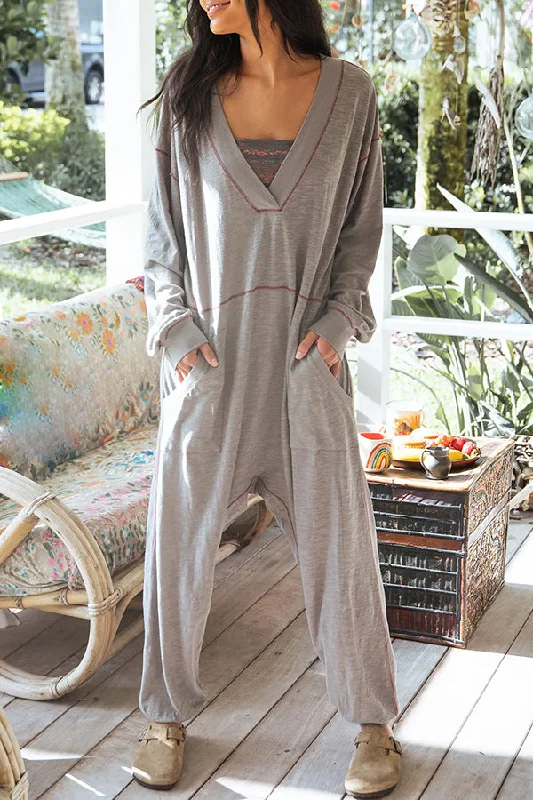 Home or Traveling Cotton Blend Long Sleeve Pocketed Loose Jumpsuit