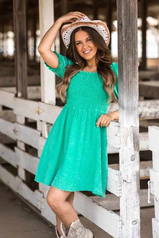 Jade Washed Smocked Bodice Dress