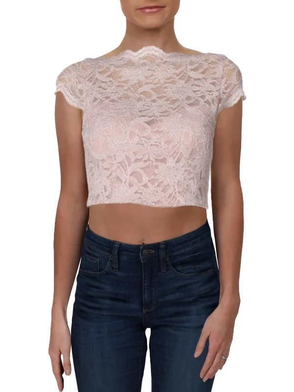 Juniors Womens Lace Glitter Crop Top