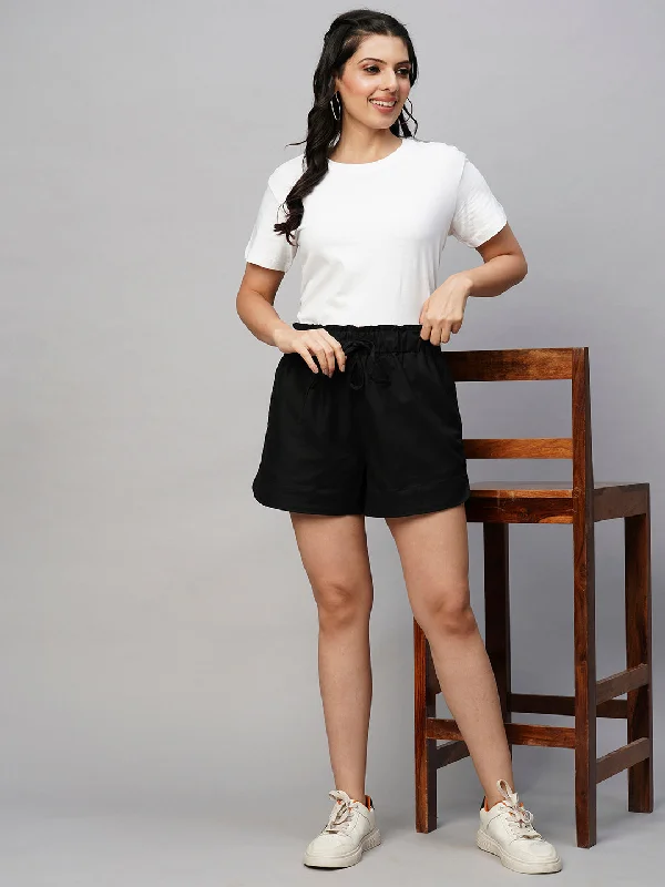 Women's Black Linen Regular Fit Shorts