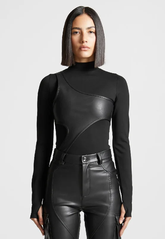 Leather Overlay High Neck Bodysuit - Black