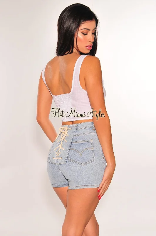 Light Denim High Waist Lace Up Back Shorts