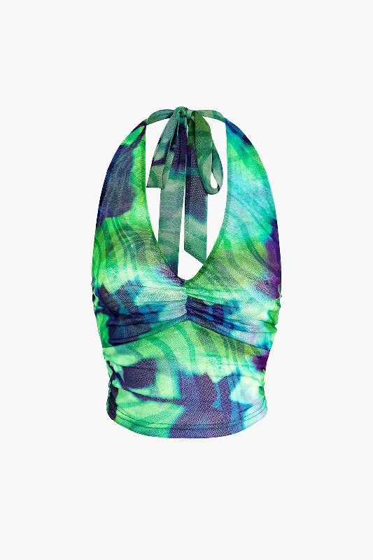 Abstract Print Mesh Halter V-neck Tank Top