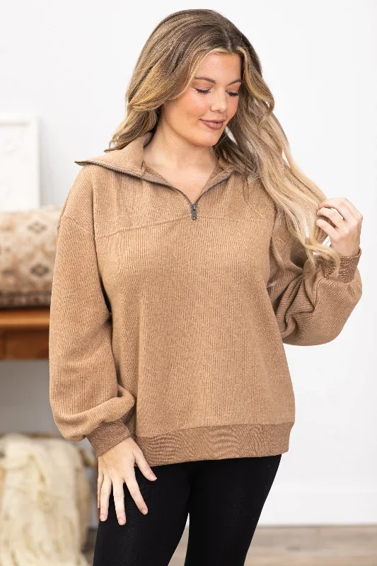 Mocha 1/4 Zip Top With Rib Trim