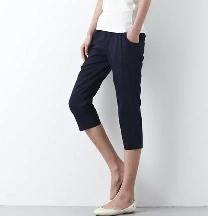 Navy women summer pants linen capri pants casual pockets cotton crop pants