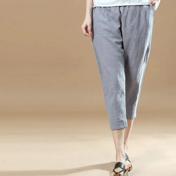 new gray brief linen pants loose elastic waist crop pants