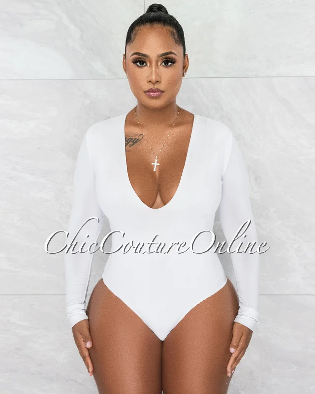 Nilam White Depp V Neck Long Sleeves Bodysuit