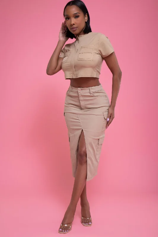 Off My Back Short Sleeve Crop Top - Khaki