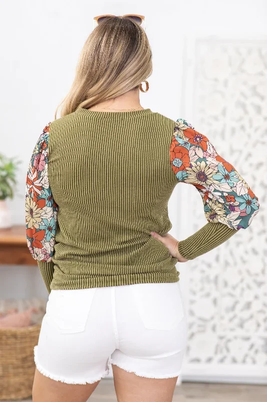 olive-ribbed-long-sleeve-floral-knit-top