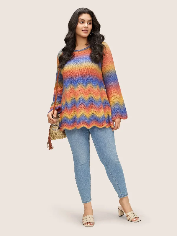 ombre-contrast-hollow-out-scalloped-trim-pullover