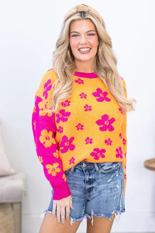 Orange and Fuchsia Floral Pattern Sweater