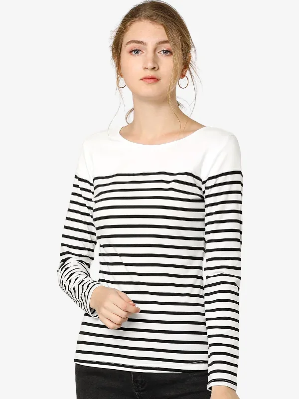 Striped Color Block Long Sleeve Round Neck T-Shirt