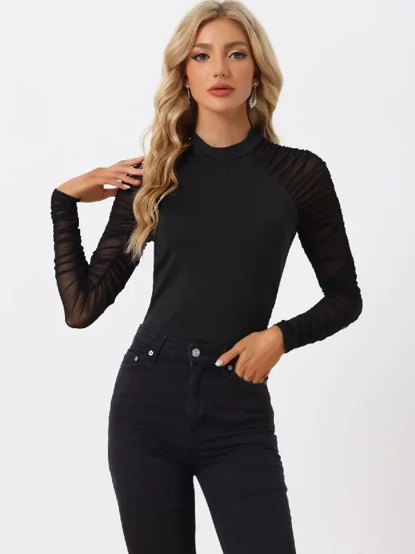 Ruched See Through Long Sleeve Tops Round Neck Button Back